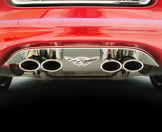 1997-2004 C5Z06 CORVETTE- EXHAUST FILLER PANEL FOR STOCK EXHAUST, ANNIV. EMBLEM  STAINLESS STEEL