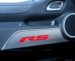 2010-2015 CAMARO RS - DOOR PANEL KICK PLATES W/RS INLAY 2PC | BRUSHED STAINLESS, CHOOSE COLOR