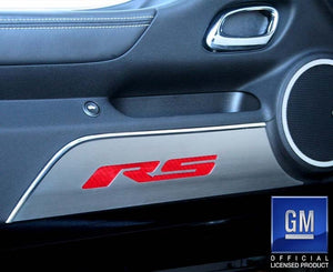 2010-2015 CAMARO RS - DOOR PANEL KICK PLATES W/RS INLAY 2PC | BRUSHED STAINLESS, CHOOSE COLOR