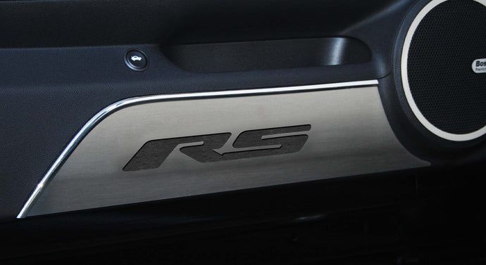 2010-2015 CAMARO RS - DOOR PANEL KICK PLATES W/RS INLAY 2PC | BRUSHED STAINLESS, CHOOSE COLOR