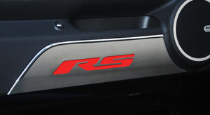 2010-2015 CAMARO RS - DOOR PANEL KICK PLATES W/RS INLAY 2PC | BRUSHED STAINLESS, CHOOSE COLOR