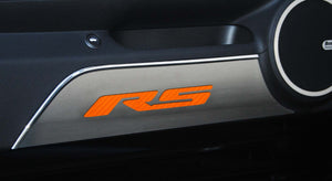 2010-2015 CAMARO RS - DOOR PANEL KICK PLATES W/RS INLAY 2PC | BRUSHED STAINLESS, CHOOSE COLOR