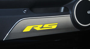 2010-2015 CAMARO RS - DOOR PANEL KICK PLATES W/RS INLAY 2PC | BRUSHED STAINLESS, CHOOSE COLOR