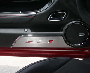 2012-2015 CAMARO ZL1 - DOOR PANEL KICK PLATES 'ZL1' POLISHED LETTERING 2PC | BRUSHED STAINLESS STEEL