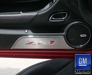 2012-2015 CAMARO ZL1 - DOOR PANEL KICK PLATES 'ZL1' POLISHED LETTERING 2PC | BRUSHED STAINLESS STEEL