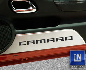 2010-2015 CAMARO - DOOR PANEL KICK PLATES 'CAMARO' 2PC | BRUSHED STAINLESS, CHOOSE INLAY COLOR