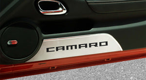 2010-2015 CAMARO - DOOR PANEL KICK PLATES 'CAMARO' 2PC | BRUSHED STAINLESS, CHOOSE INLAY COLOR