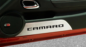 2010-2015 CAMARO - DOOR PANEL KICK PLATES 'CAMARO' 2PC | BRUSHED STAINLESS, CHOOSE INLAY COLOR