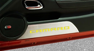 2010-2015 CAMARO - DOOR PANEL KICK PLATES 'CAMARO' 2PC | BRUSHED STAINLESS, CHOOSE INLAY COLOR