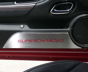 2010-2015 CAMARO - DOOR PANEL KICK PLATES 'SUPERCHARGED' 2PC | BRUSHED STAINLESS, CHOOSE INLAY COLOR