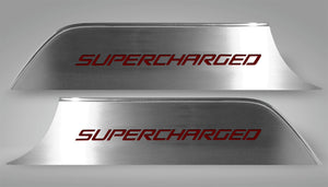 2010-2015 CAMARO - DOOR PANEL KICK PLATES 'SUPERCHARGED' 2PC | BRUSHED STAINLESS, CHOOSE INLAY COLOR