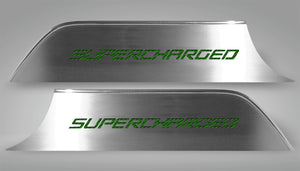 2010-2015 CAMARO - DOOR PANEL KICK PLATES 'SUPERCHARGED' 2PC | BRUSHED STAINLESS, CHOOSE INLAY COLOR