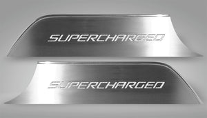 2010-2015 CAMARO - DOOR PANEL KICK PLATES 'SUPERCHARGED' 2PC | BRUSHED STAINLESS, CHOOSE INLAY COLOR