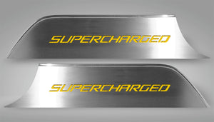 2010-2015 CAMARO - DOOR PANEL KICK PLATES 'SUPERCHARGED' 2PC | BRUSHED STAINLESS, CHOOSE INLAY COLOR