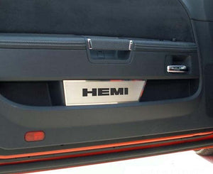 2008-2014 CHALLENGER - DOOR BADGE PLATE W/HEMI LETTERING 2PC | BRUSHED STAINLESS STEEL