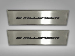 2008-2014 CHALLENGER - DOOR BADGE PLATE WCHALLENGER INLAY 2PC  BRUSHED STAINLESS, CHOOSE INLAY COLOR