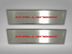 2008-2014 CHALLENGER - DOOR BADGE PLATE WCHALLENGER INLAY 2PC  BRUSHED STAINLESS, CHOOSE INLAY COLOR