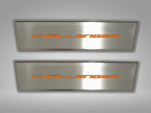 2008-2014 CHALLENGER - DOOR BADGE PLATE WCHALLENGER INLAY 2PC  BRUSHED STAINLESS, CHOOSE INLAY COLOR