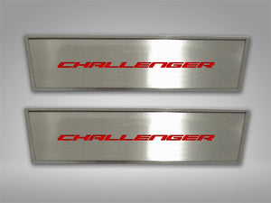 2008-2014 CHALLENGER - DOOR BADGE PLATE WCHALLENGER INLAY 2PC  BRUSHED STAINLESS, CHOOSE INLAY COLOR