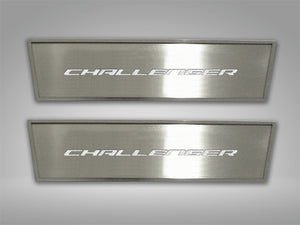 2008-2014 CHALLENGER - DOOR BADGE PLATE WCHALLENGER INLAY 2PC  BRUSHED STAINLESS, CHOOSE INLAY COLOR