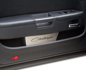 2008-2014 CHALLENGER - DOOR BADGE PLATE W/ETCHED CHALLENGER CLASSIC SCRIPT 2PC | BRUSHED STAINLESS