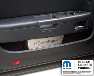 2008-2014 CHALLENGER - DOOR BADGE PLATE W/ETCHED CHALLENGER CLASSIC SCRIPT 2PC | BRUSHED STAINLESS