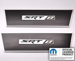 2008-2014 CHALLENGER - CARBON FIBER DOOR BADGE PLATES WITH SRT8 EMBLEM 2PC | POLISHED STAINLESS TRIM