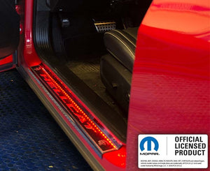 2015-2023 HELLCAT/DEMON REDEYE CHALLENGER - LED HELLCAT DOOR SILLS | STAINLESS W/REAL CARBON FIBER OVERLAY, CHOOSE COLOR