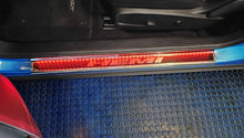 Load image into Gallery viewer, 2015-2024 DODGE CHALLENGER CARBON FIBER DOOR SILLS WITH &quot;HEMI&quot; BRUSHED LETTERING W/ BLUE LED ILLUMINATION 2PC
