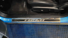 Load image into Gallery viewer, 2015-2024 DODGE CHALLENGER CARBON FIBER DOOR SILLS WITH &quot;HEMI&quot; BRUSHED LETTERING W/ BLUE LED ILLUMINATION 2PC
