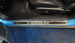 2015-2024 DODGE CHALLENGER CARBON FIBER DOOR SILLS WITH "HEMI" BRUSHED LETTERING W/ BLUE LED ILLUMINATION 2PC