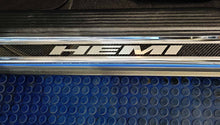 Load image into Gallery viewer, 2015-2024 DODGE CHALLENGER CARBON FIBER DOOR SILLS WITH &quot;HEMI&quot; BRUSHED LETTERING W/ BLUE LED ILLUMINATION 2PC
