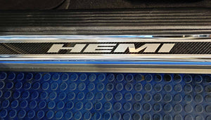 2015-2024 DODGE CHALLENGER CARBON FIBER DOOR SILLS WITH "HEMI" BRUSHED LETTERING W/ BLUE LED ILLUMINATION 2PC