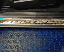 Load image into Gallery viewer, 2015-2024 DODGE CHALLENGER  CARBON FIBER DOOR SILLS WITH &quot;392 HEMI&quot; BRUSHED LETTERING W/ BLUE LED ILLUMINATION 2PC
