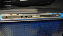 Load image into Gallery viewer, 2015-2024 DODGE CHALLENGER  CARBON FIBER DOOR SILLS WITH &quot;MOPAR&quot; POLISHED LETTERING W/ BLUE LED ILLUMINATION 2PC
