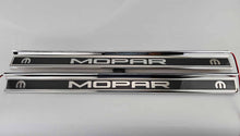 Load image into Gallery viewer, 2015-2024 DODGE CHALLENGER  CARBON FIBER DOOR SILLS WITH &quot;MOPAR&quot; POLISHED LETTERING W/ BLUE LED ILLUMINATION 2PC
