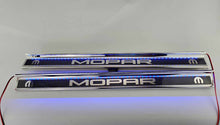 Load image into Gallery viewer, 2015-2024 DODGE CHALLENGER  CARBON FIBER DOOR SILLS WITH &quot;MOPAR&quot; POLISHED LETTERING W/ BLUE LED ILLUMINATION 2PC
