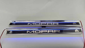 2015-2024 DODGE CHALLENGER  CARBON FIBER DOOR SILLS WITH "MOPAR" POLISHED LETTERING W/ BLUE LED ILLUMINATION 2PC