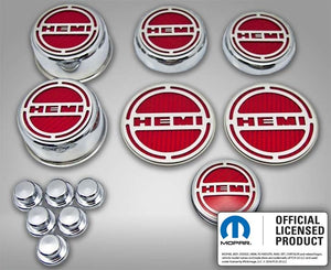 2008-2023 CHALLENGER - HEMI INLAY DELUXE FLUID & SHOCK TOWER CAP COVERS 13PC | CHOOSE INLAY COLOR & ENGINE | 5.7L