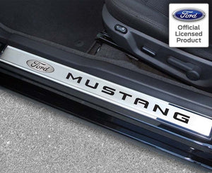 2010-2014 MUSTANG - OUTER DOOR SILLS FORD OVAL W/'MUSTANG INLAY 2PC | POLISHED/BRUSHED STAINLESS STEEL, CHOOSE COLOR