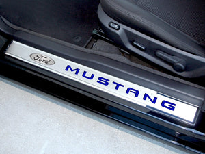 2010-2014 MUSTANG - OUTER DOOR SILLS FORD OVAL W/'MUSTANG INLAY 2PC | POLISHED/BRUSHED STAINLESS STEEL, CHOOSE COLOR