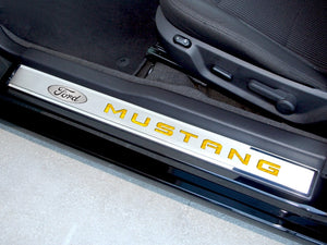 2010-2014 MUSTANG - OUTER DOOR SILLS FORD OVAL W/'MUSTANG INLAY 2PC | POLISHED/BRUSHED STAINLESS STEEL, CHOOSE COLOR