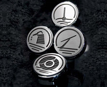 Load image into Gallery viewer, 2010-2014 MUSTANG - FLUID CAP COVERS 4PC | TRIPLE CHROME PLATED, CHOOSE VINYL INLAY COLOR
