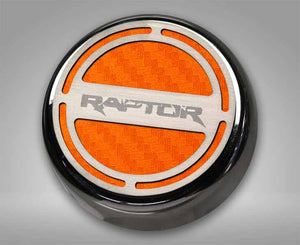 FORD RAPTOR - ENGINE FLUID CAP COVERS WITH RAPTOR LOGO 6PC | TRIPLE PLATED CHROME, CHOOSE COLORED INLAY