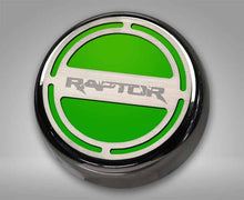 Load image into Gallery viewer, FORD RAPTOR - ENGINE FLUID CAP COVERS WITH RAPTOR LOGO 6PC | TRIPLE PLATED CHROME, CHOOSE COLORED INLAY
