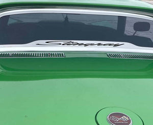 1968-1975 C3 CORVETTE COUPE - FLAT BACK REAR WINDOW FRAME POLISHED STINGRAY FONT  CARBON FIBER VINYL INLAY