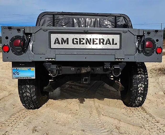 TAILGATE PLATE INSERT-BLACK REFLECTIVE CAMO BASE W/BRUSHED TOP PLATE (AM GENERAL STYLE)