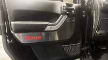 Load image into Gallery viewer, 2007-2018 JEEP WRANGLER JK - FRONT DOOR GUARDS BRUSHED W/JEEP LOGO 2PC | CHOOSE CARBON FIBER VINYL INLAY COLOR
