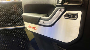 2007-2018 JEEP WRANGLER JK - FRONT DOOR GUARDS BRUSHED W/JEEP LOGO 2PC | CHOOSE CARBON FIBER VINYL INLAY COLOR