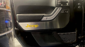 2007-2018 JEEP WRANGLER JK - FRONT DOOR GUARDS BRUSHED W/JEEP LOGO 2PC | CHOOSE CARBON FIBER VINYL INLAY COLOR